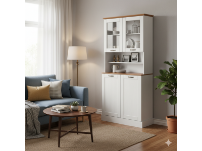 Balcão duas portas com oratória na cor branco lavado com honey / coleção Alma